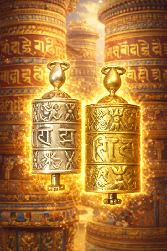 Handcrafted repoussé metal prayer wheel pendants, available in silver and gold