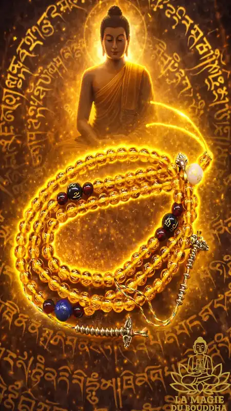 Tibetan mala prayer beads in yellow glass with Chenrezig mantra and Ye Ming Zhu sacred bead