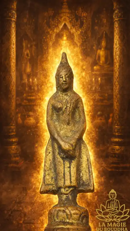 Rare ancient bronze amulet of the standing Buddha Phra Tawai, Sunday Buddha, consecrated in 1960 by Luang Phor Sanit of Wat Bua Loi