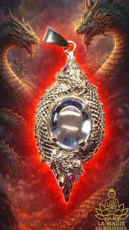 Nagas pendant in silver and translucent naga crystal sacred Thai talisman