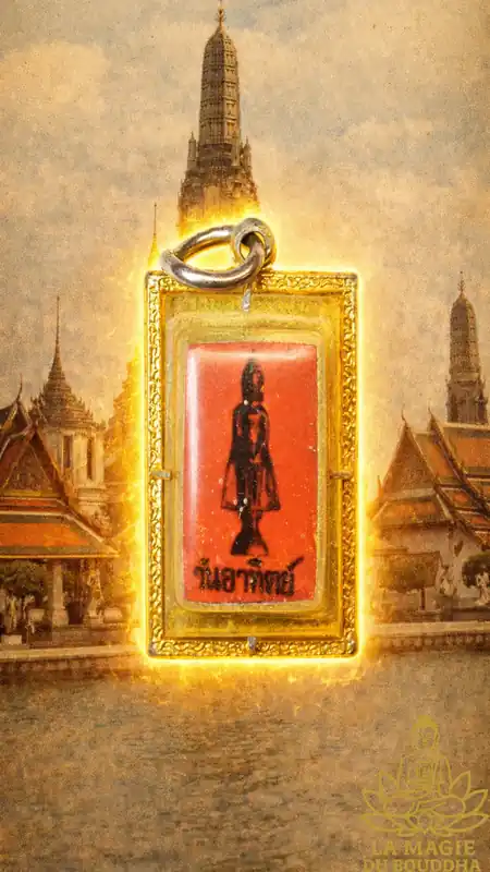 Ancient Sunday Buddha amulet with three Takut consecrated around 1970 by Phrakru Ophat Nawakit of Wat Ban Mai