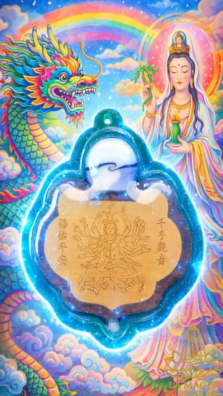 Ancient Chinese Wooden Guan Yin with A Thousand Arms Amulet with Relic Pearl