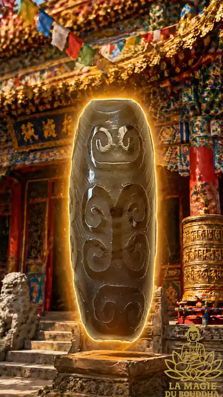 Tibetan carved agate bead with sacred motifs