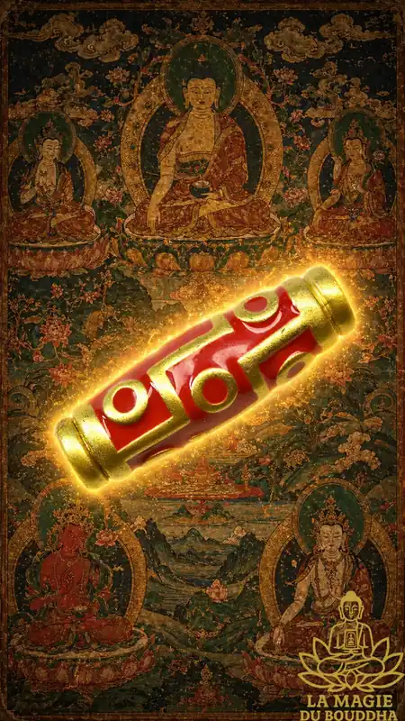 Tibetan Sacred Nine-Eyed Dzi Bead in Enameled Brass