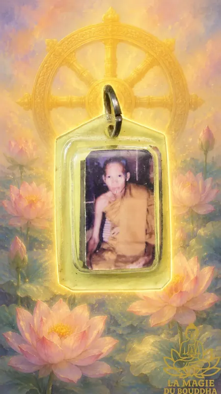 Photographic portrait amulet of a venerable Thai monk with ancient Takrut on the back