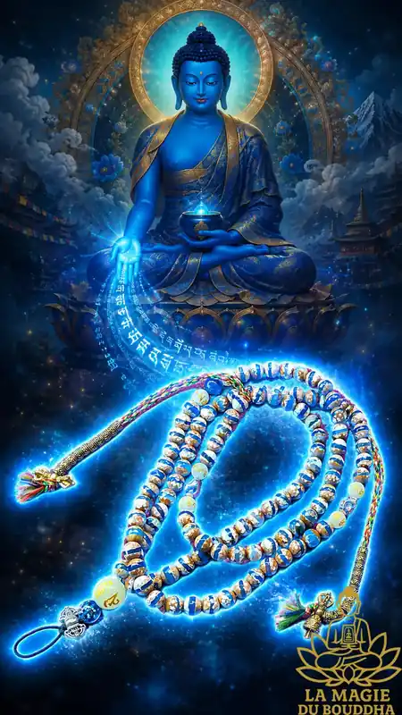 Handmade Tibetan mala for the Medicine Buddha Sangye Menla mantra in blue banded agate and Ye Ming Zhu stone