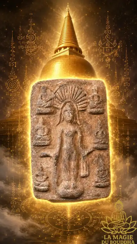 Ancient votive tablet depicting the Standing Buddha surrounded by six meditating Buddhas – Nakhon Pathom region