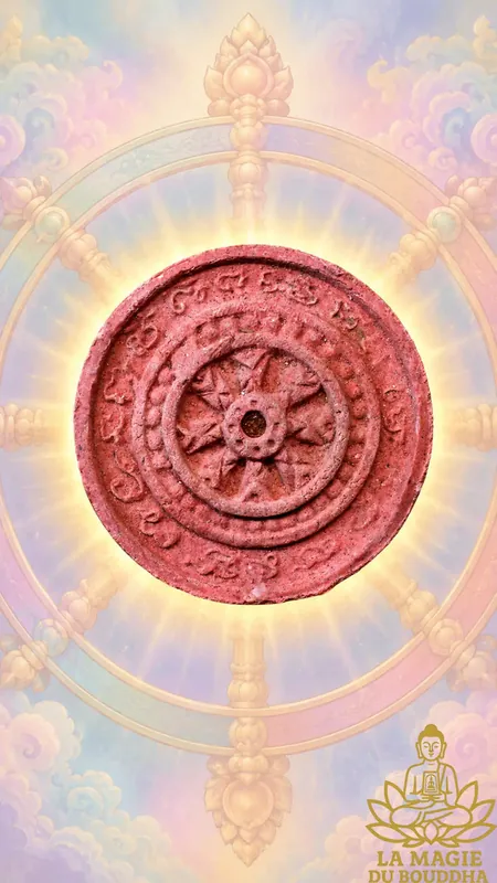 Large Red Phra Buddha Chinnarat and Dharmachakra Amulet - Wat Phra Si Rattana Mahathat