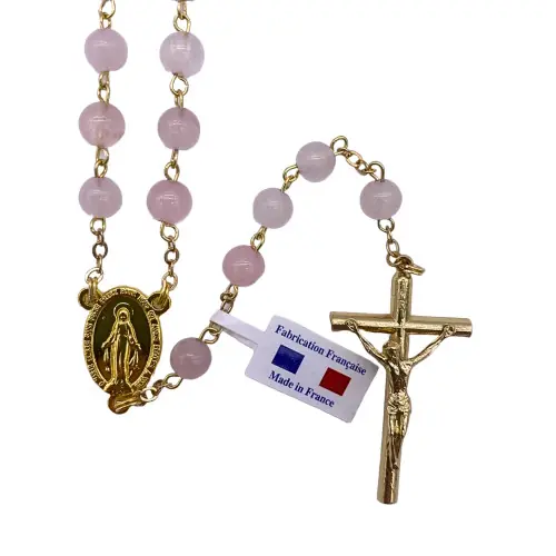 Chapelet en Quartz Rose sur Chaîne Dorée