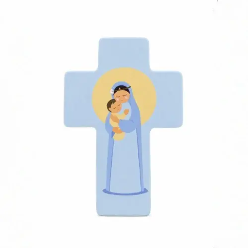 Croix Bois Howoki - Vierge à l'Enfant Bleu
