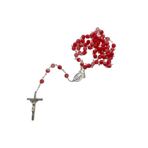 Chapelet Argenté avec perles en verre recyclé - Rouge