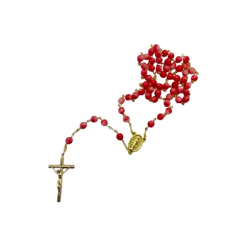 Chapelet doré avec perles en verre recyclé - Rouge