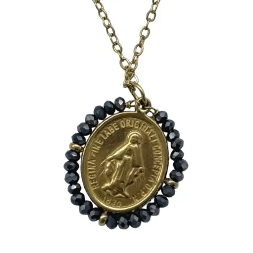 Collier avec Médaille Miraculeuse et Perles gris Anthracite