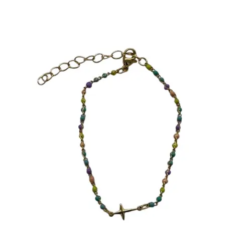 Petit Bracelet avec perles multicolores et petite croix - doré