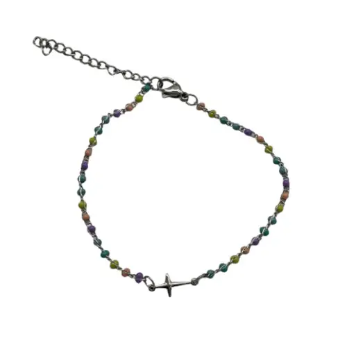 Petit Bracelet avec perles multicolores et petite croix - Argent