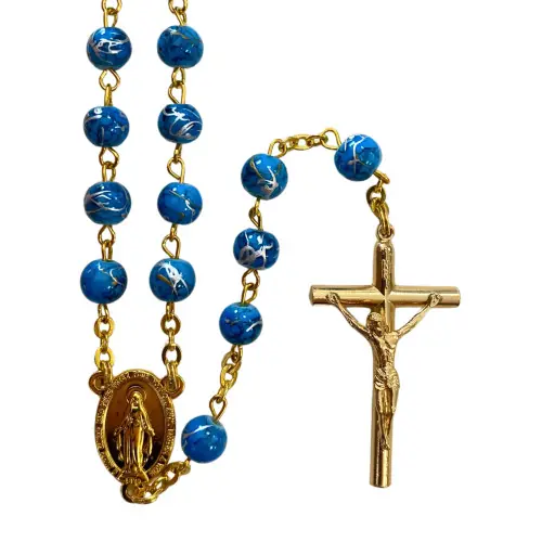 Chapelet en verre bleu en chaine dorée
