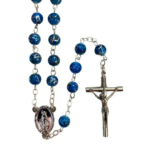 Chapelet en verre bleu en chaine argentée