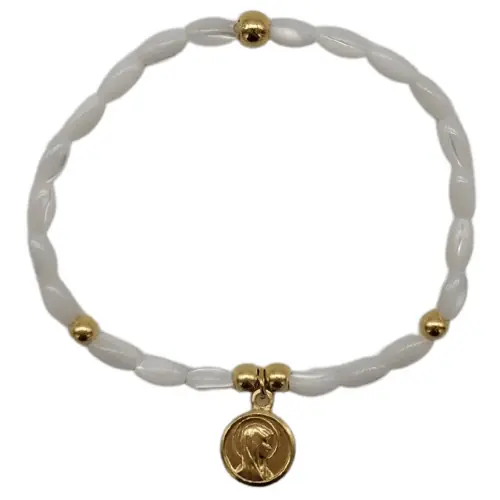 Bracelet élastique en nacre avec médaille de la vierge dorée à l'or fin