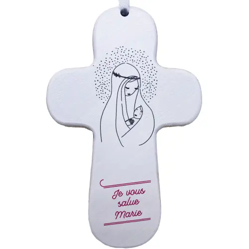 Croix "au fil de la plume" Vierge à l'enfant - rose