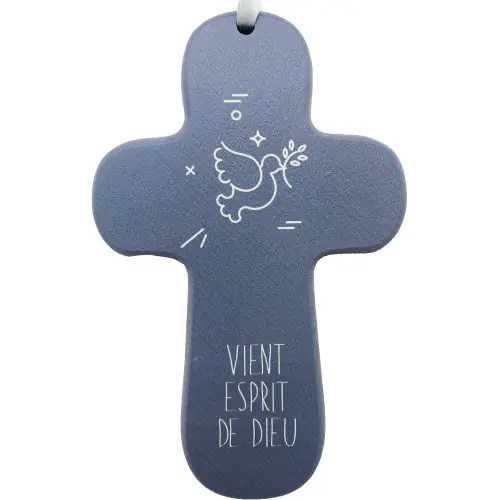 Croix "au fil des symboles" Colombe bleu gris