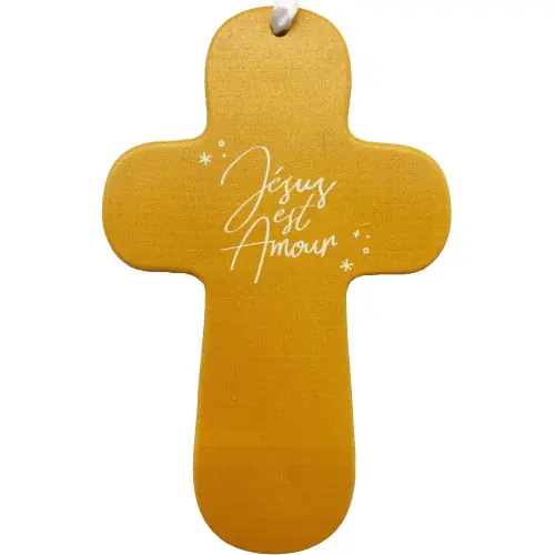 Croix jaune "Jésus est amour"