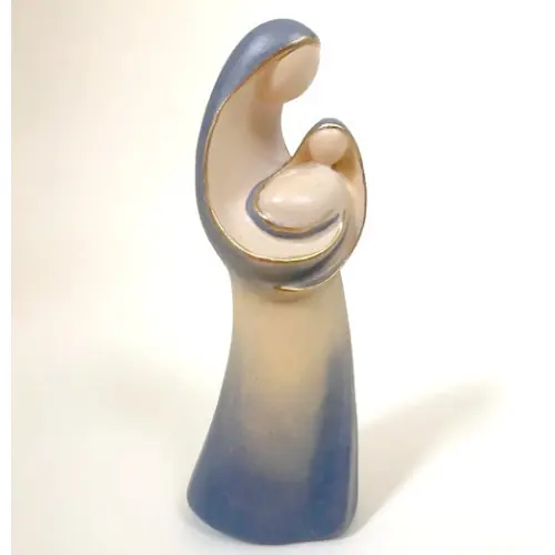 Statue en bois décoré bleu - Vierge à l'enfant - 15cm
