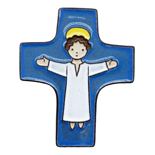 Croix en Céramique Bleu Foncé "Christ Bras Ouverts"