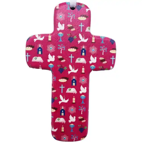 Croix bois " Symboles religieux" - rose