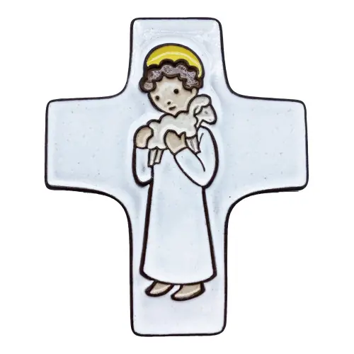cadeau pour un baptême : croix céramique "agneau de Dieu" blanc