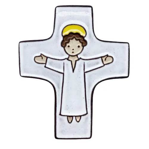 Croix de Baptême en Céramique "Christ bras ouverts" blanc