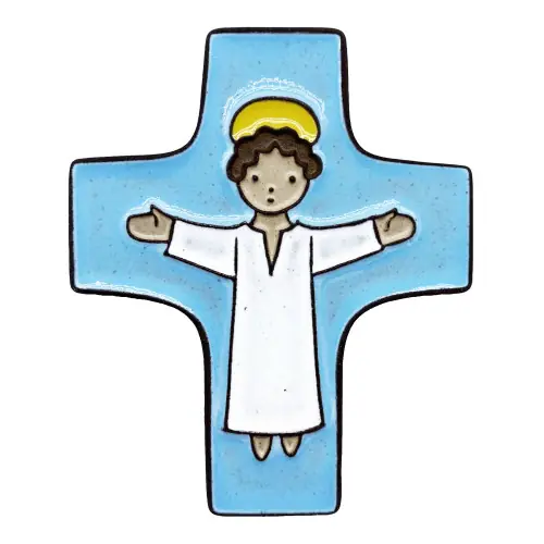 Croix Céramique "Christ Bras Ouverts" - Bleu Ciel