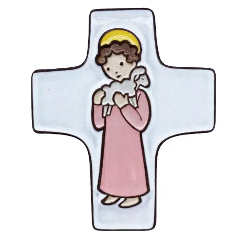 Croix Céramique "Fille et Agneau de Dieu" - Blanche et Rose