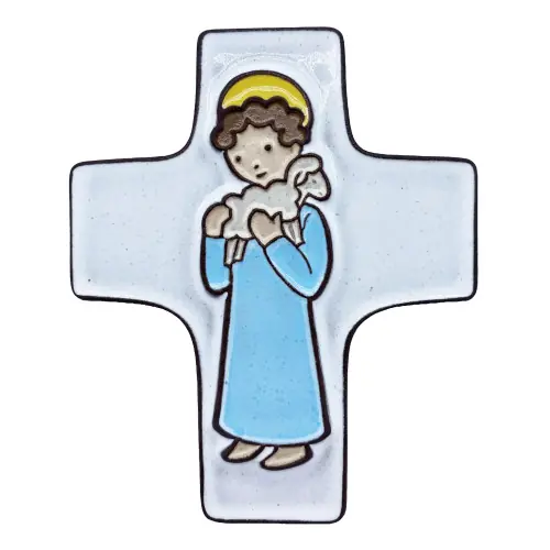 Croix céramique "garçon et agneau de Dieu" blanche