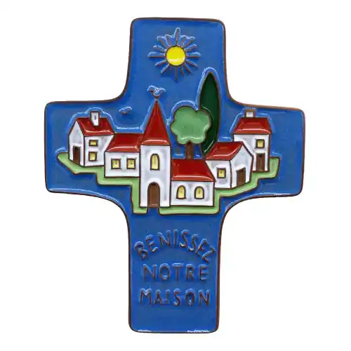 Croix céramique "Bénissez Notre Maison" bleu foncé