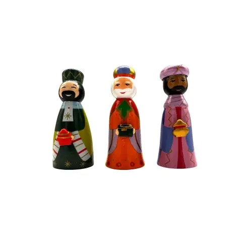 Crèche de Noël en bois peint tourné - 3 rois mages