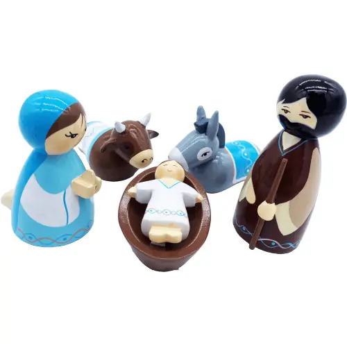 Creche de Noël en bois peint - 5 santons en bois tourné