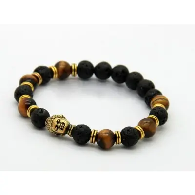 Bracelet Bouddha doré en Pierre de Lave et Oeil de Tigre