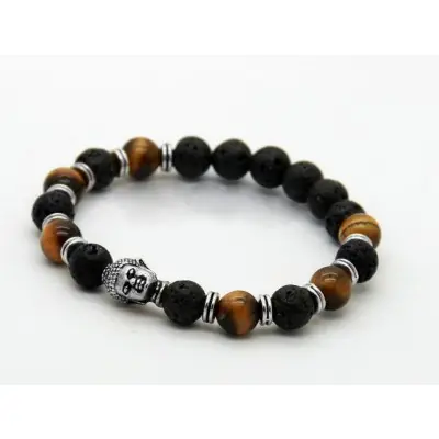Bracelet Bouddha argenté en Pierre de Lave et Oeil de tigre