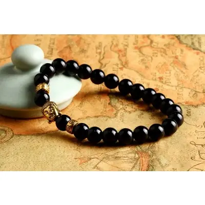 Bracelet Bouddha Thaï doré en Obsidienne noire