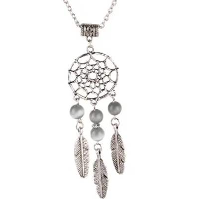 Collier Pendentif Attrape Rêves Perles grises
