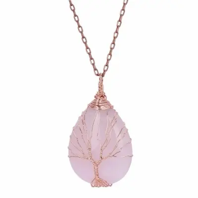 Collier Arbre de Vie Goutte en Quartz rose