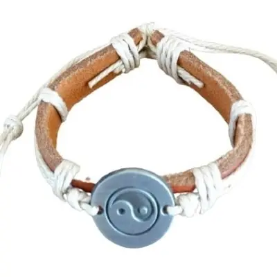 Bracelet Yin Yang en Cuir marron et Corde beige