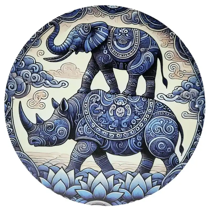 Plaque Décorative Rhinocéros et Eléphant bleus
