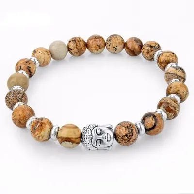 Bracelet Bouddha Thaï argenté en Jaspe Paysage