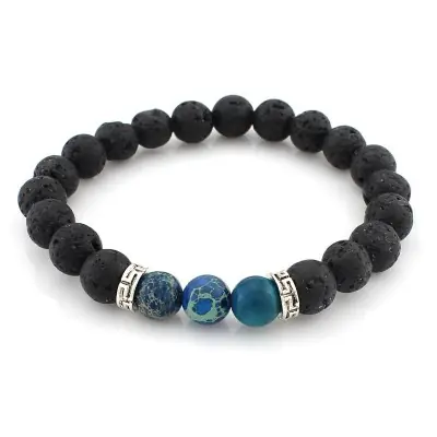 Bracelet argenté Pierres de Lave et Pierres bleues foncées