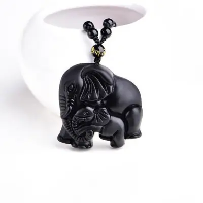 Suspension Eléphant et son Petit Obsidienne noire
