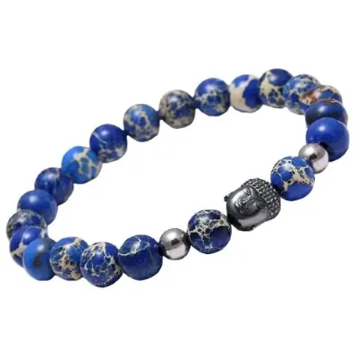 Bracelet Tête de Bouddha en Jaspe Marbré bleu