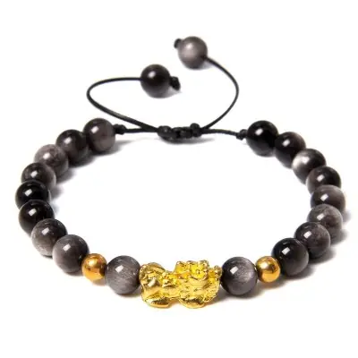 Bracelet Pi Yao Protecteur en Obsidienne argentée