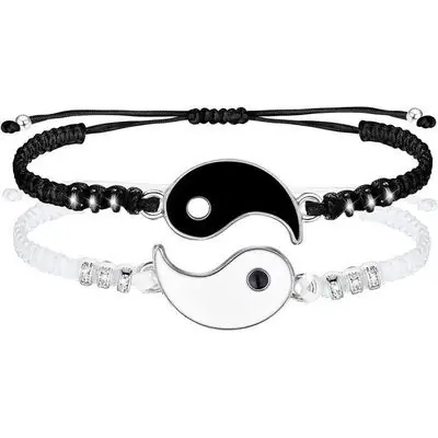 Bracelets Couple Yin Yang noir et blanc argenté