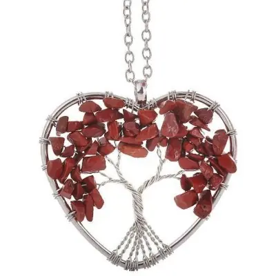 Collier Pendentif Arbre de Vie Coeur en Jaspe rouge